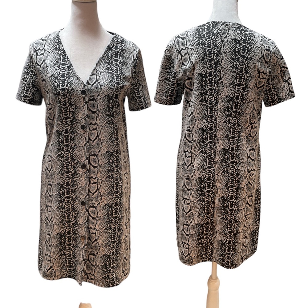 MNG Casual Brown & Off White Snakeskin Button Front V-Neck Mini Dress Size M